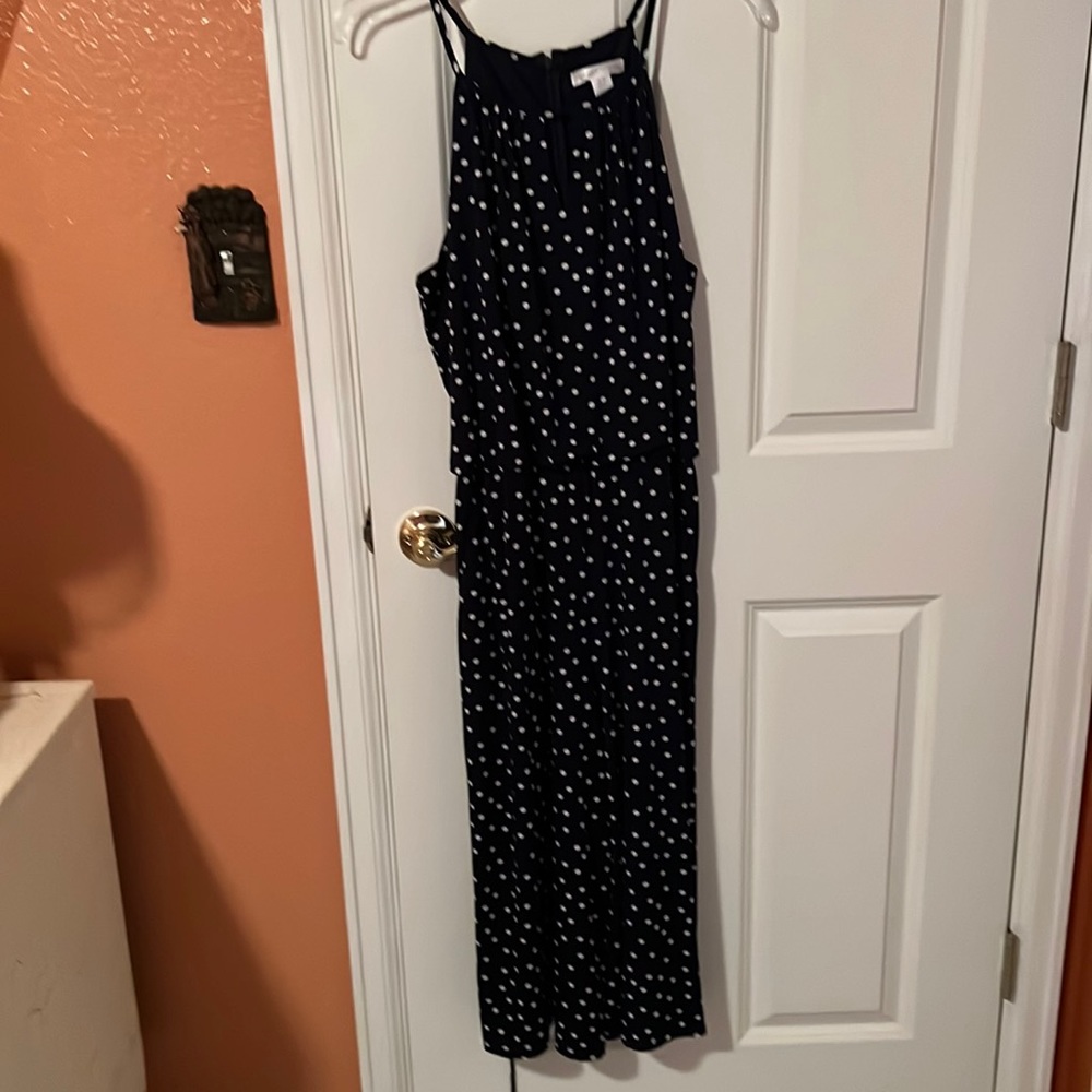 Blue w/white polka dots- sleeveless short jumpsuit - Pockets!